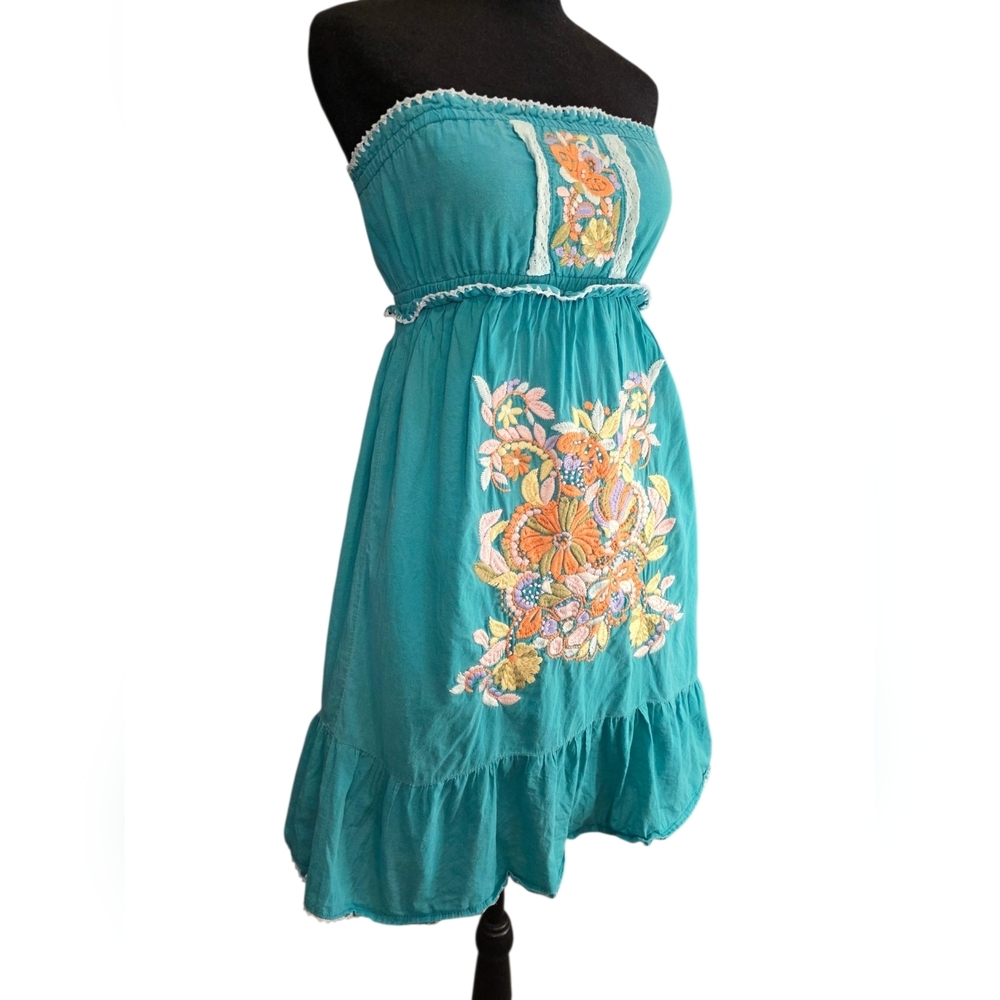 Miss Me Strapless Embroidered Lined Mini Dress Teal Cotton Small Boho Festival - Picture 2 of 9